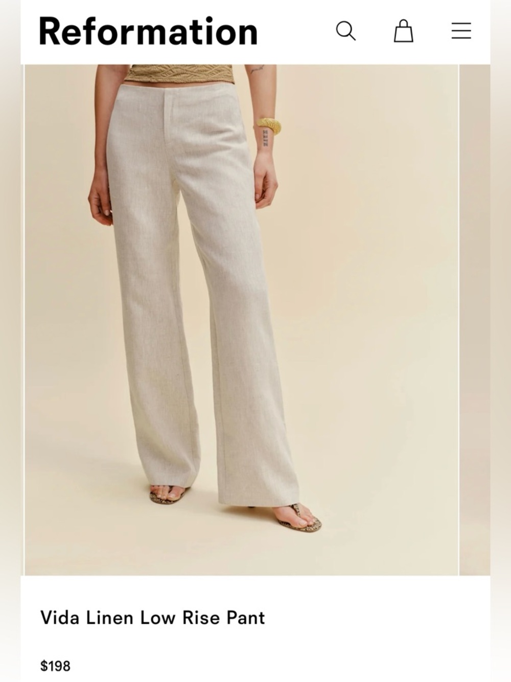 Reformation Vida Linen Low Rise Pant — White